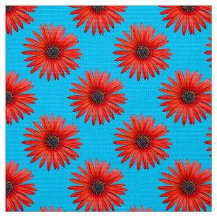 Red African Daisy Pattern on Sky Blue Fabric