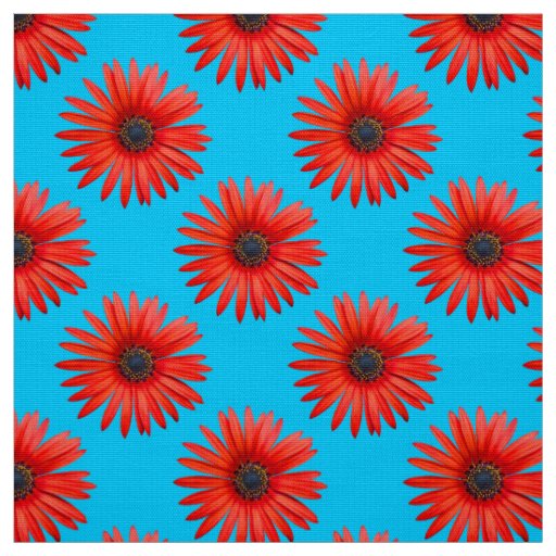 Red African Daisy Pattern on Sky Blue Fabric