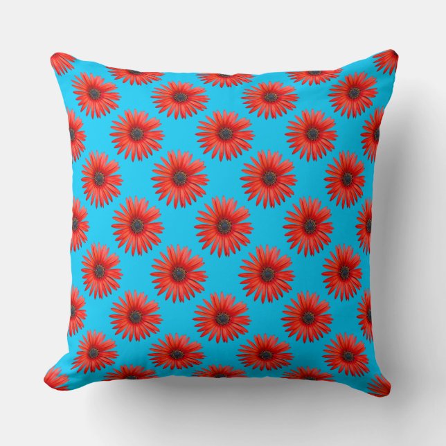 Red African Daisy Pattern on Sky Blue Throw Pillow (Front)