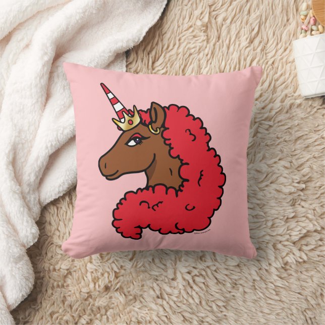 Red Afro Unicorn Throw Pillow (Blanket)