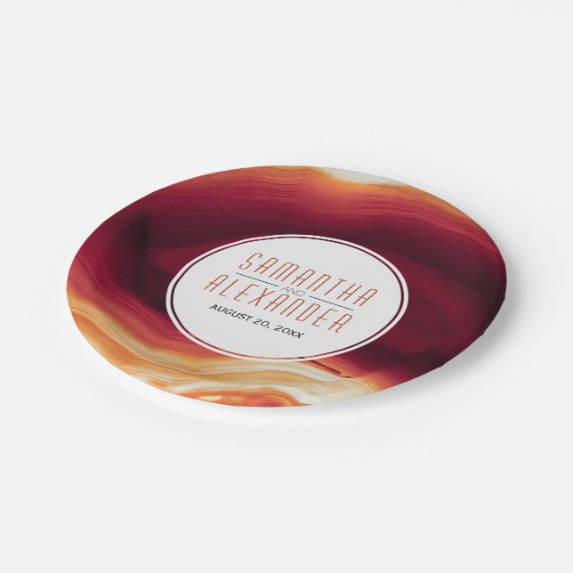 Red agate geode modern fall wedding paper plates (Angled)