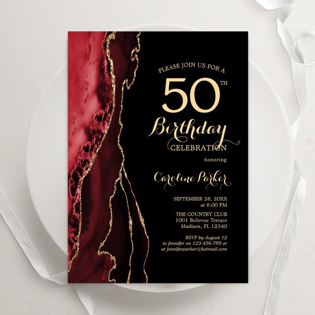 Red Agate Gold Black 50th Birthday Invitation (Creator Uploaded)
