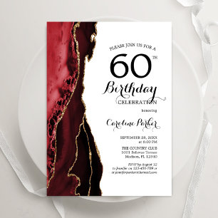 Red Agate Gold White 60th Birthday Invitation