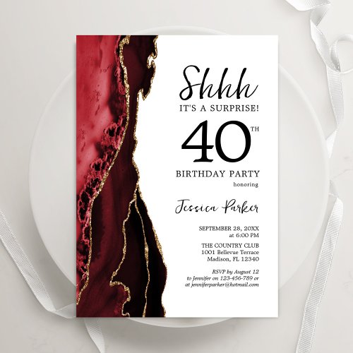 Red Agate Gold White Surprise 40th Birthday Invitation