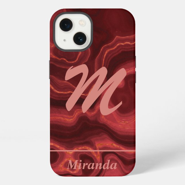 Red Agate Marble light pink Monogram and Name Iphone Case (Back)