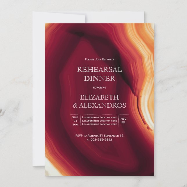 Red agate modern fall wedding rehearsal dinner invitation (Front)