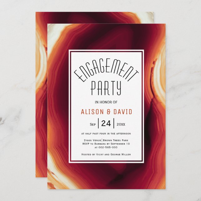 Red agate slice fall wedding engagement party invitation (Front/Back)