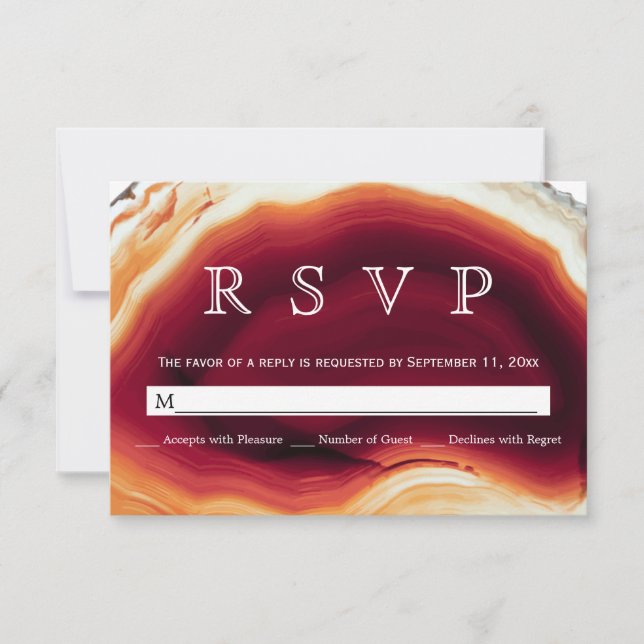 Red agate slice geode autumn colors wedding RSVP Card (Front)