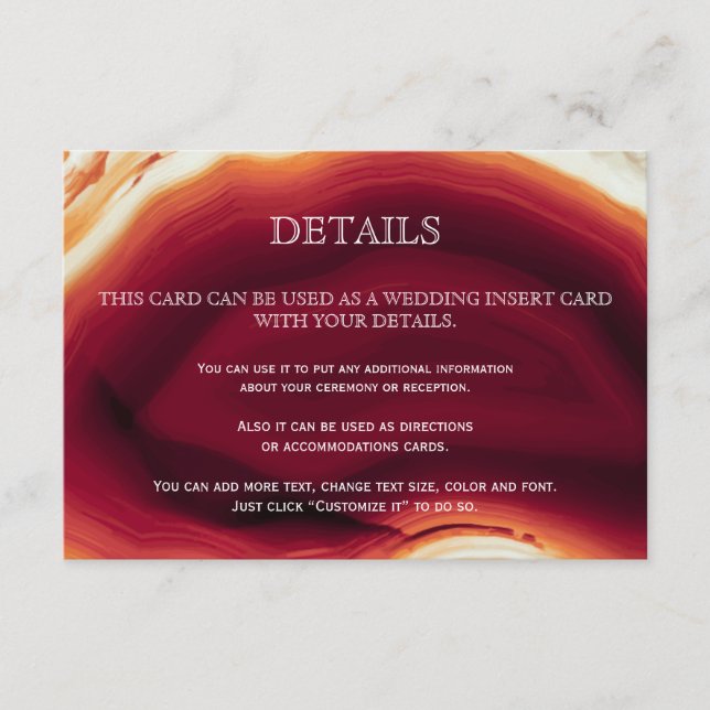 Red agate slice geode wedding details insert card (Front)