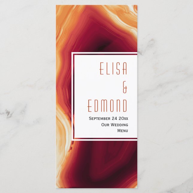 Red agate slice geode wedding menu card (Front)