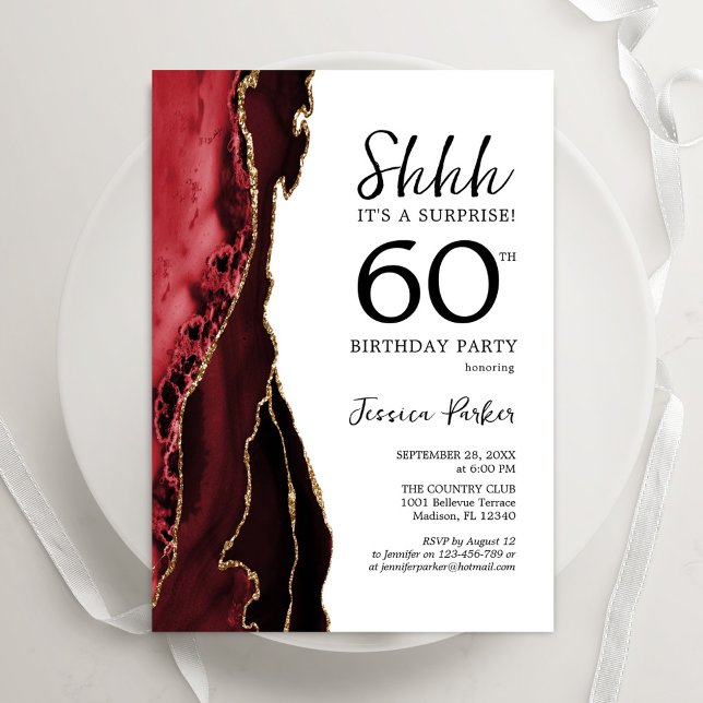 Red Agate White Gold Surprise 60th Birthday Invitation (Creator Uploaded)