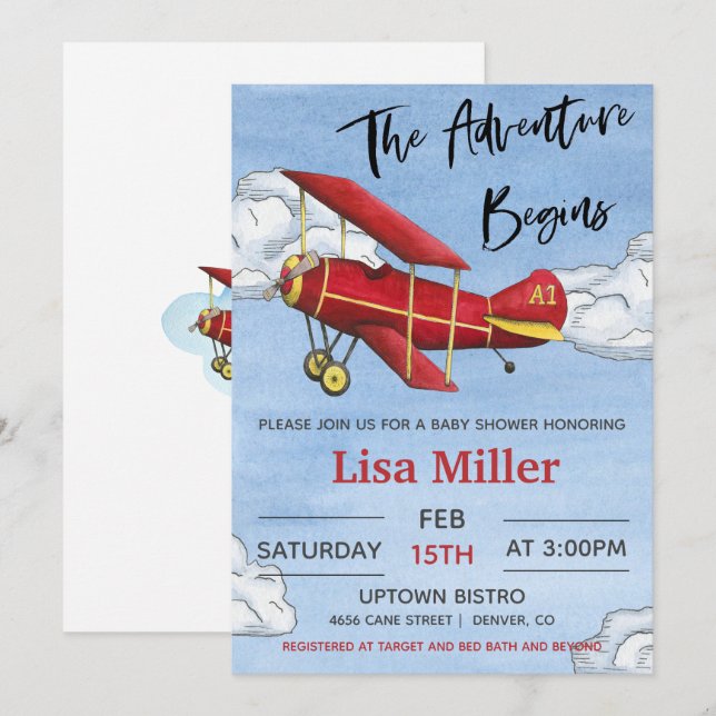 Red Airplane Adventure Boy Baby Shower Invitation (Front/Back)
