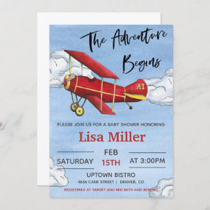 Red Airplane Adventure Boy Baby Shower Invitation
