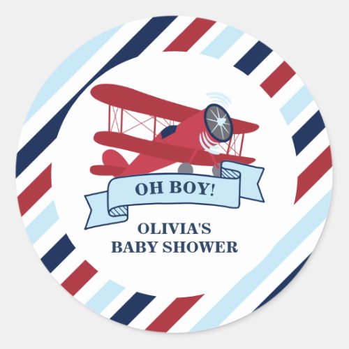 Red Airplane Baby Shower Classic Round Sticker