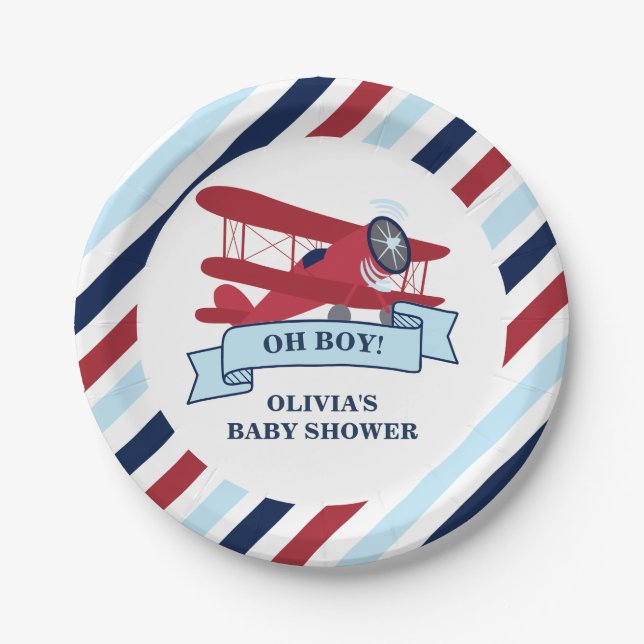 Red Airplane Baby Shower Paper Plates (Front)