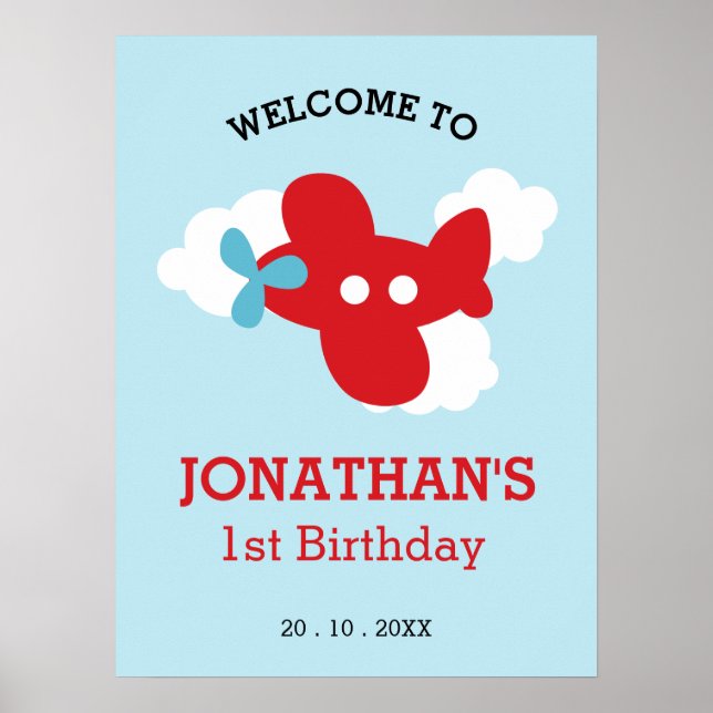 Red Airplane Birthday Welcome Sign ( Boy Party ) (Front)