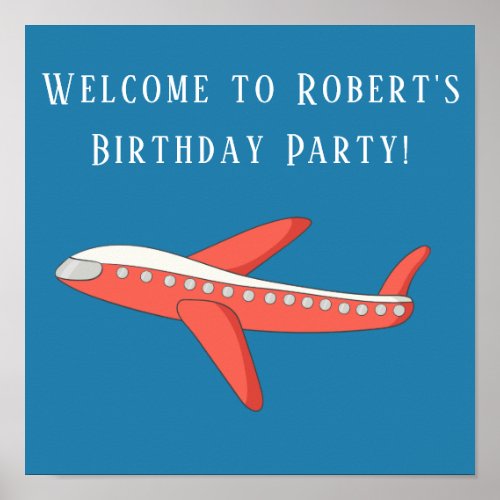 Red Airplane Blue Birthday Party Poster