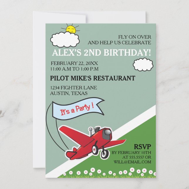 Red Airplane Landing Birthday Party Invitation (Front)