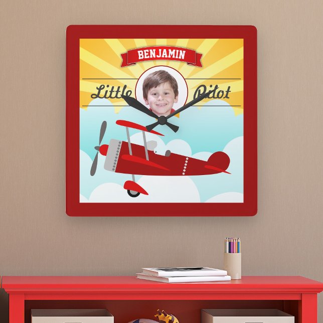 Red Airplane Little Pilot Name Photo Kids Room Square Wall Clock (Creator Uploaded)