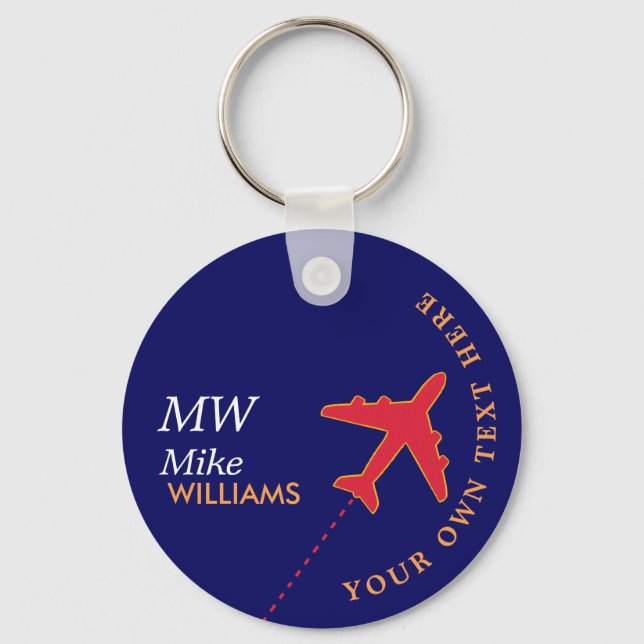 red airplane on blue keychain with name (Front)