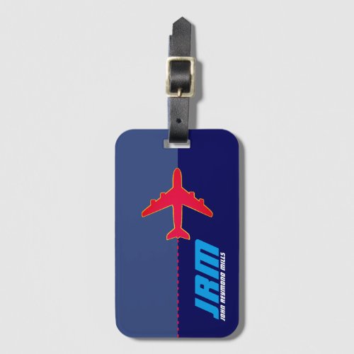 red airplane on two_tone blue monogrammed luggage tag