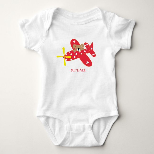 Red Airplane Puppy Dog Baby Bodysuit (Front)