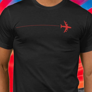 Red Airplane with dotted line Black T-Shirt