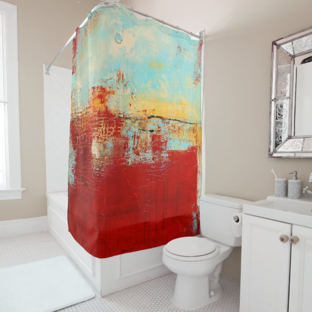 Red Alaskan Abstract Shower Curtain (In Situ)
