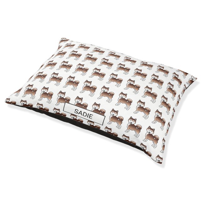 Red Alaskan Malamute Cartoon Dog Pattern & Name Pet Bed (Angled)