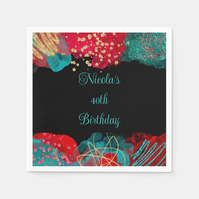 Red Alcohol Ink Birthday Party Napkins (Front)