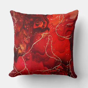 Red Alcohol Ink Gold Abstract Fluid Throw Pillow