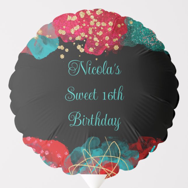 Red Alcohol Ink Sweet 16 Birthday Party Balloon (Front)