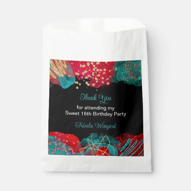 Red Alcohol Ink Sweet 16 Birthday Party Favor Bag (Front)