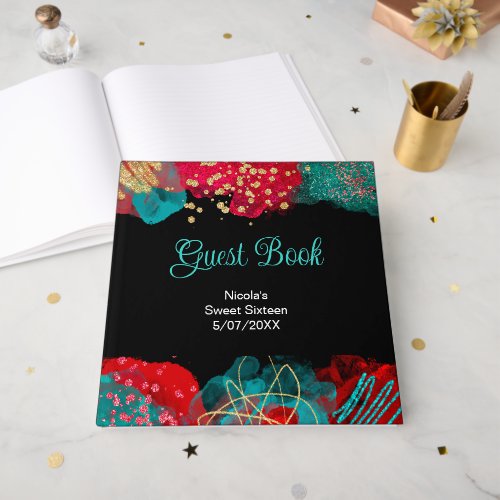 Red Alcohol Ink Sweet 16 Birthday Party  Guest Book
