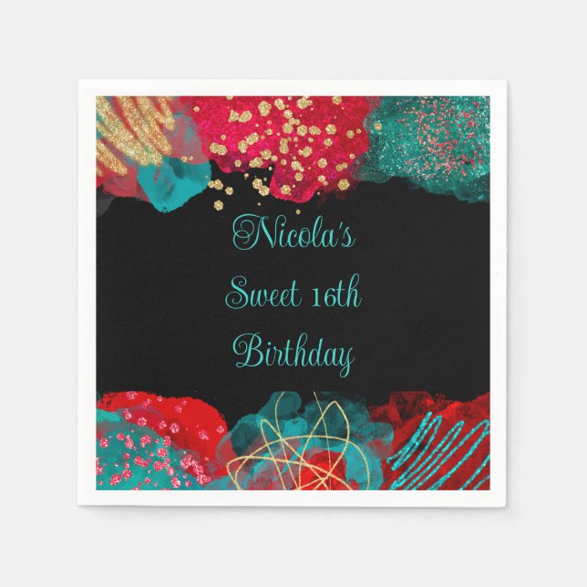 Red Alcohol Ink Sweet 16 Birthday Party Napkins (Front)