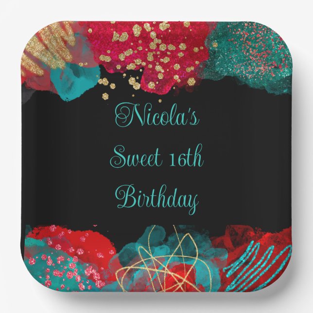 Red Alcohol Ink Sweet 16 Birthday Party  Paper Plates (Front)