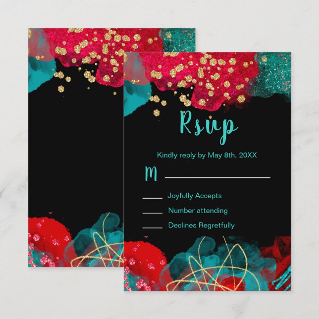 Red Alcohol Ink Sweet 16 Birthday Party RSVP (Front/Back)