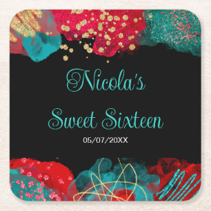 Red Alcohol Ink Sweet 16 Birthday Party Square Paper Coaster