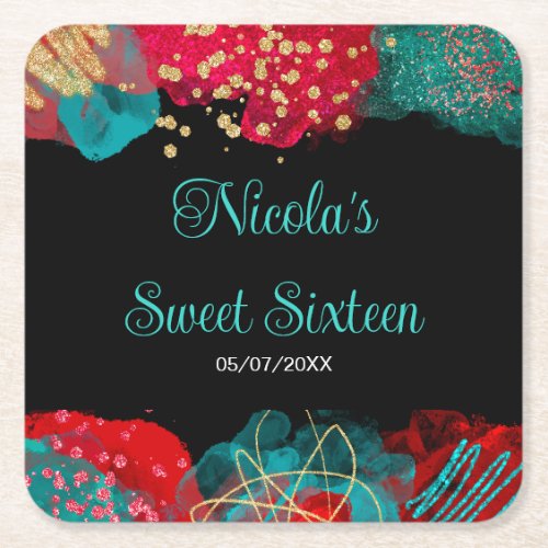 Red Alcohol Ink Sweet 16 Birthday Party  Square Paper Coaster