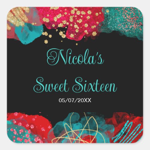 Red Alcohol Ink Sweet 16 Birthday Party  Square Sticker