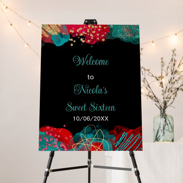 Red Alcohol Ink Sweet 16 Birthday Party Welcome Foam Board (In Situ (Stand))