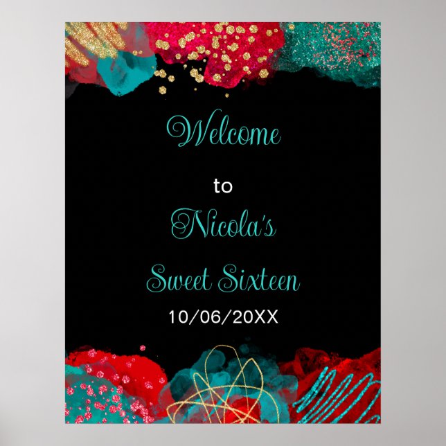 Red Alcohol Ink Sweet 16 Birthday Party Welcome Poster (Front)