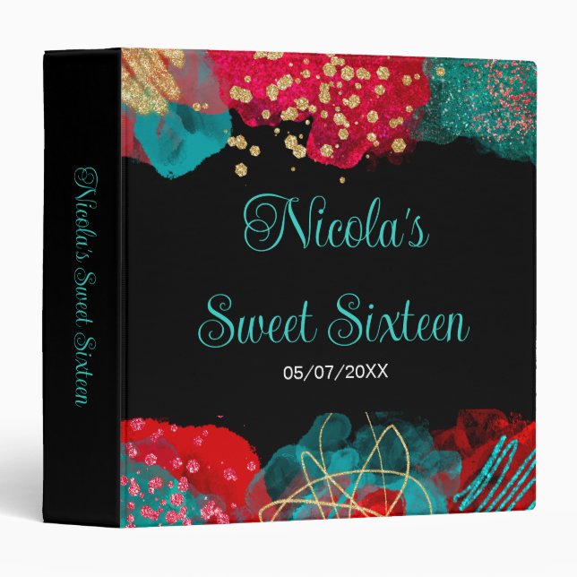Red Alcohol Ink Sweet 16 Birthday Photo Album 3 Ring Binder (Front/Spine)