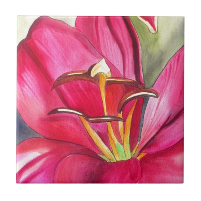 Red Alert Lily watercolor art flower painting Ceramic Tile (Front)