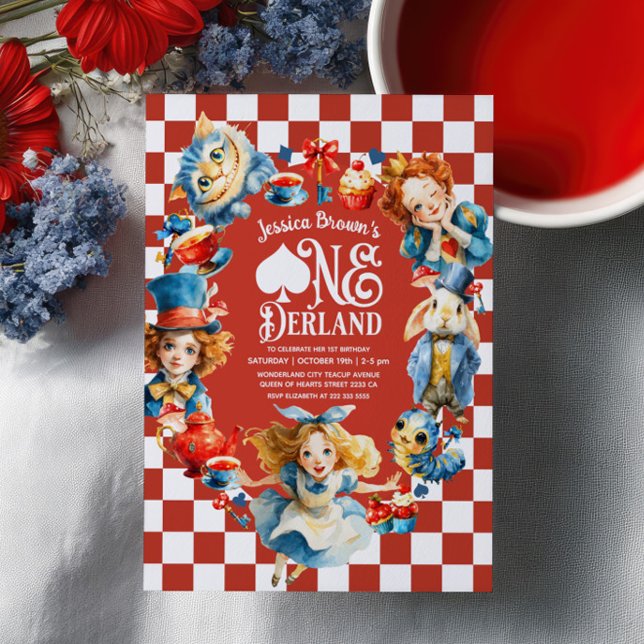 Red Alice in ONEDERLAND 1st Birthday Tea Party Invitation (Creator Uploaded)
