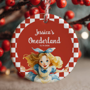 Red Alice in ONEDERLAND First Christmas Photo Ceramic Ornament