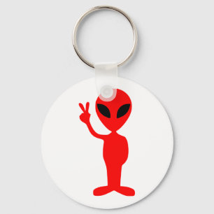Red Alien Gesturing Peace Sign with Hand Keychain