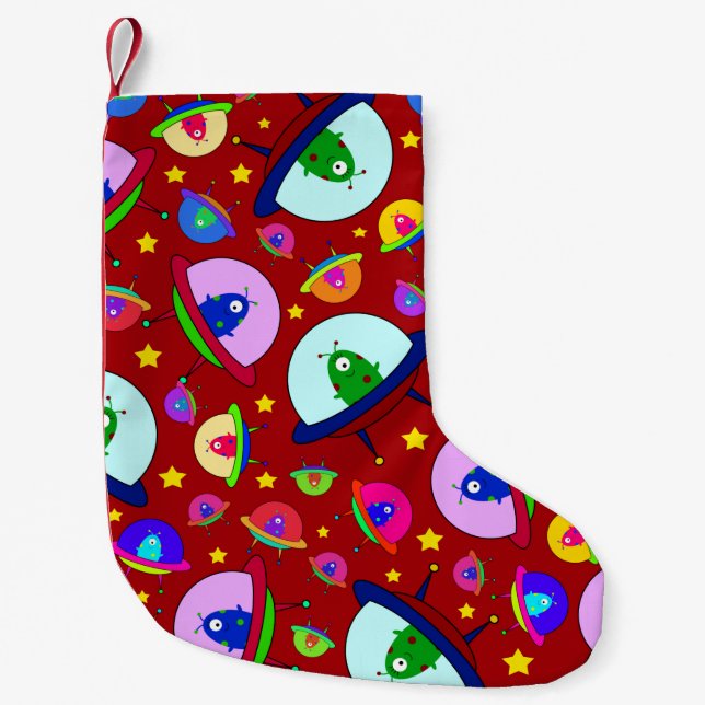 Red alien spaceship pattern small christmas stocking (Front)