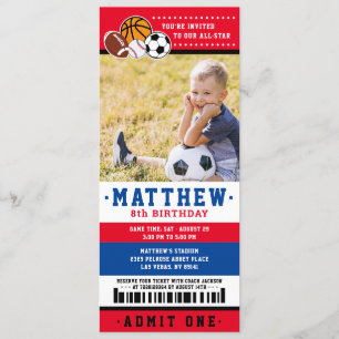 Red All Star Sport Ticket Birthday Party Photo Invitation