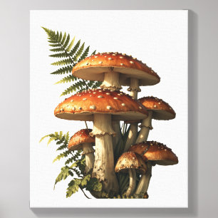 Red Amanita Mushrooms with Fern Botanical Canvas Photo Tile